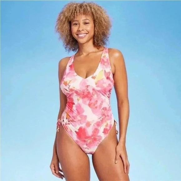 NWT Women's Plunge Side-Tie One Piece Swimsuit - Shade & Shore Multi Floral - Picture 4 of 6